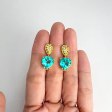 Load and play video in Gallery viewer, 10 mm. Heart Cut Blue Brazilian Mystic Topaz with Peridot Accents Drop Earrings

