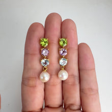 Load and play video in Gallery viewer, 7.5 mm. Freshwater Pearl, Peridot, Amethyst and Topaz Drop Earrings
