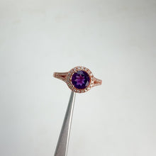 Load and play video in Gallery viewer, 6 mm. Round Cut Purple Brazilian Amethyst with Cz Halo Ring
