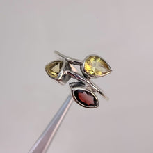 Load and play video in Gallery viewer, Handmade 5 x 7 mm. Pear Cut Yellow Brazilian Citrine and Garnet Ring
