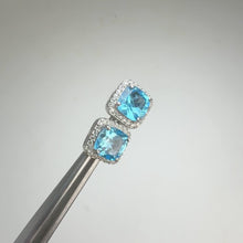 Load and play video in Gallery viewer, 7 mm. Cushion Cut Swiss Blue Brazilian Topaz with Cz Halo Earrings
