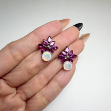 Load and play video in Gallery viewer, 7 mm. Round Cut Multi-coloured Ethiopian Opal and Rhodolite Garnet Cluster Earrings
