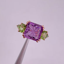 Load and play video in Gallery viewer, Handmade 11 mm. Carved Octagon Cut Purple Brazilian Amethyst, Peridot and Sapphire Cluster Ring
