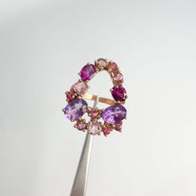 Load and play video in Gallery viewer, 5 x 7 mm. Oval Cut Purple Brazilian Amethyst, Rhodolite Garnet, Tourmaline and Sapphire Cluster Ring

