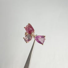 Load and play video in Gallery viewer, Handmade 7 x 9 mm. Trillion Cut Purple Burmese Spinel and Tourmaline Open Ring (Blemished)
