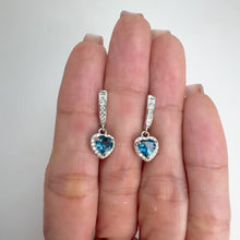 Load and play video in Gallery viewer, 5 mm. Heart Cut London Blue Brazilian Topaz with Cz Halo Drop Earrings
