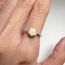 Load and play video in Gallery viewer, 5 mm. Hexagon Cut Multi-coloured Ethiopian Opal with Cz Halo Ring

