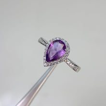 Load and play video in Gallery viewer, 6 x 9 mm. Pear Cut Purple Brazilian Amethyst with Cz Halo Ring
