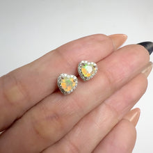 Load and play video in Gallery viewer, 5 mm. Heart Cut Multi-coloured Ethiopian Opal with Cz Halo Earrings
