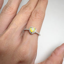 Load and play video in Gallery viewer, 5 mm. Heart Cut Multi-coloured Ethiopian Opal with Cz Halo Ring
