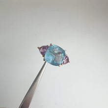 Load and play video in Gallery viewer, Handmade 11 mm. Cushion Cut Blue Brazilian Aquamarine and Amethyst Trilogy Ring
