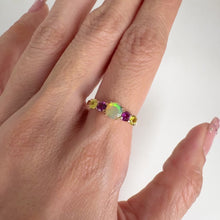 Load and play video in Gallery viewer, 5 mm. Round Cut Multi-coloured Ethiopian Opal, Rhodolite Garnet and Sapphire Cluster Ring
