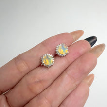 Load and play video in Gallery viewer, 6 mm. Hexagon Cut Multi-coloured Ethiopian Opal with Cz Accents Earrings
