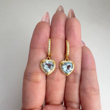 Load and play video in Gallery viewer, 8 mm. Heart Cut Sky Blue Brazilian Topaz with Cz Halo Drop Earrings
