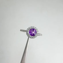 Load and play video in Gallery viewer, 6 mm. Round Cut Purple Uruguayan Amethyst with Cz Halo Ring
