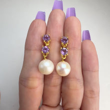 Load and play video in Gallery viewer, 10 mm. Freshwater Pearl and Amethyst Drop Earrings
