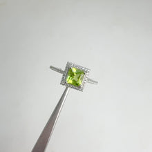 Load and play video in Gallery viewer, 6 mm. Square Cut Green Pakistani Peridot with Cz Halo Ring
