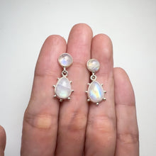 Load and play video in Gallery viewer, 7 x 10 mm. Pear Cabochon White Indian Moonstone Drop Earrings
