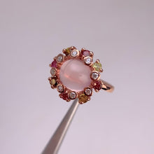 Load and play video in Gallery viewer, 10 mm. Oval Cabochon Pink African Rose Quartz with Tourmaline and Cz Accents Ring
