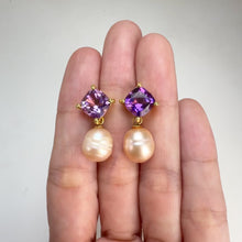 Load and play video in Gallery viewer, 9 x 10 mm. Freshwater Pearl and Amethyst Earrings
