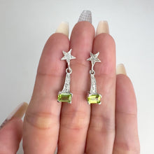 Load and play video in Gallery viewer, 4 x 6 mm. Octagon Cut Green Pakistani Peridot with Cz Accents Drop Earrings

