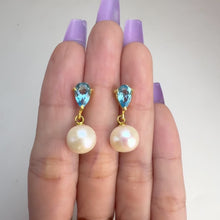 Load and play video in Gallery viewer, 9 mm. Freshwater Pearl and Topaz Drop Earrings
