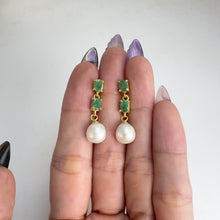 Load and play video in Gallery viewer, 8 mm. Freshwater Pearl and Emerald Drop Earrings
