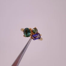 Load and play video in Gallery viewer, Handmade 5 x 7 mm. Oval Cut Blue Green Australian Sapphire and Iolite Cluster Ring
