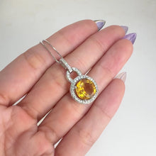 Load and play video in Gallery viewer, 10 mm. Round Cut Yellow Brazilian Citrine with Cz Halo Pendant and Necklace
