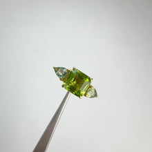 Load and play video in Gallery viewer, Handmade 8 mm. Octagon Cut Green Pakistani Peridot and Sapphire Trilogy Ring
