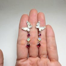 Load and play video in Gallery viewer, 5 mm. Round Cut Purple African Rhodolite Garnet, Mother of Pearl, Opal with Cz Accents Butterfly Drop Earrings
