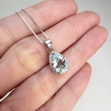 Load and play video in Gallery viewer, 6 x 8 mm. Pear Cut Light Blue Brazilian Aquamarine with Cz Halo Pendant and Necklace
