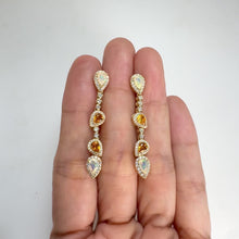 Load and play video in Gallery viewer, 3 x 5 mm. Pear Cut Multi-coloured Ethiopian Opal and Citrine with Cz Halo Drop Earrings
