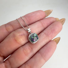 Load and play video in Gallery viewer, 7 mm. Cushion Cut Multi-coloured Brazilian Mystic Topaz with Cz Halo Pendant and Necklace
