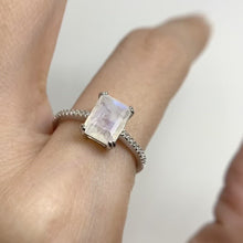 Load and play video in Gallery viewer, 6 x 8 Octagon Cut White Indian Moonstone with Cz Band Ring
