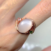 Load and play video in Gallery viewer, 10 x 14 mm. Oval Cabochon White Indian Moonstone with Tourmaline and Topaz Accents Ring
