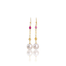 Load image into Gallery viewer, 3 x 4 mm. Oval Cut Multi-coloured Songea Sapphire and Baroque Freshwater Pearl Drop Earrings
