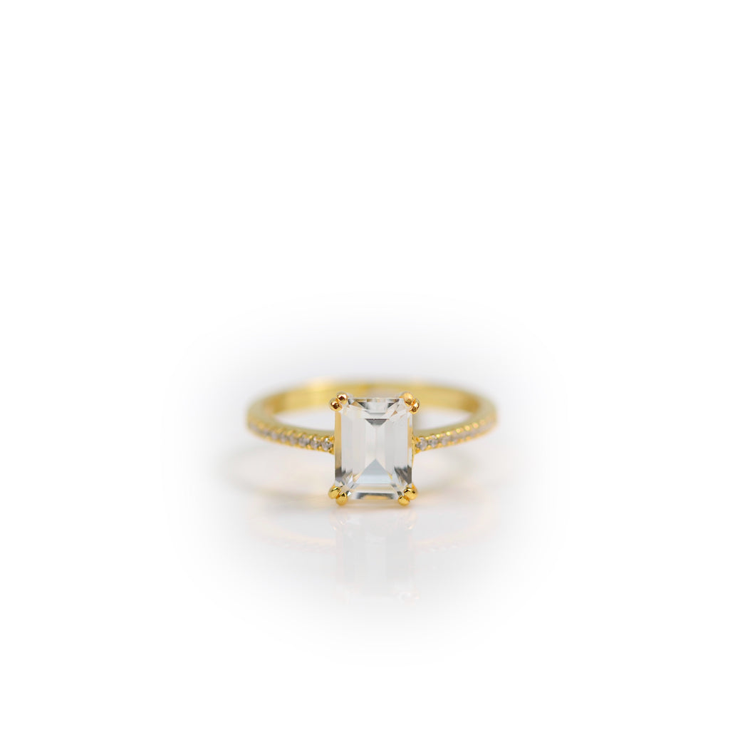 6 x 8 mm. Octagon Cut White Brazilian Topaz with Cz Band Ring