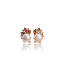 Load image into Gallery viewer, 10 mm. Round Freshwater Pearl and Tourmaline Cluster Earrings

