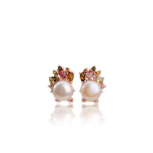 10 mm. Round Freshwater Pearl and Tourmaline Cluster Earrings