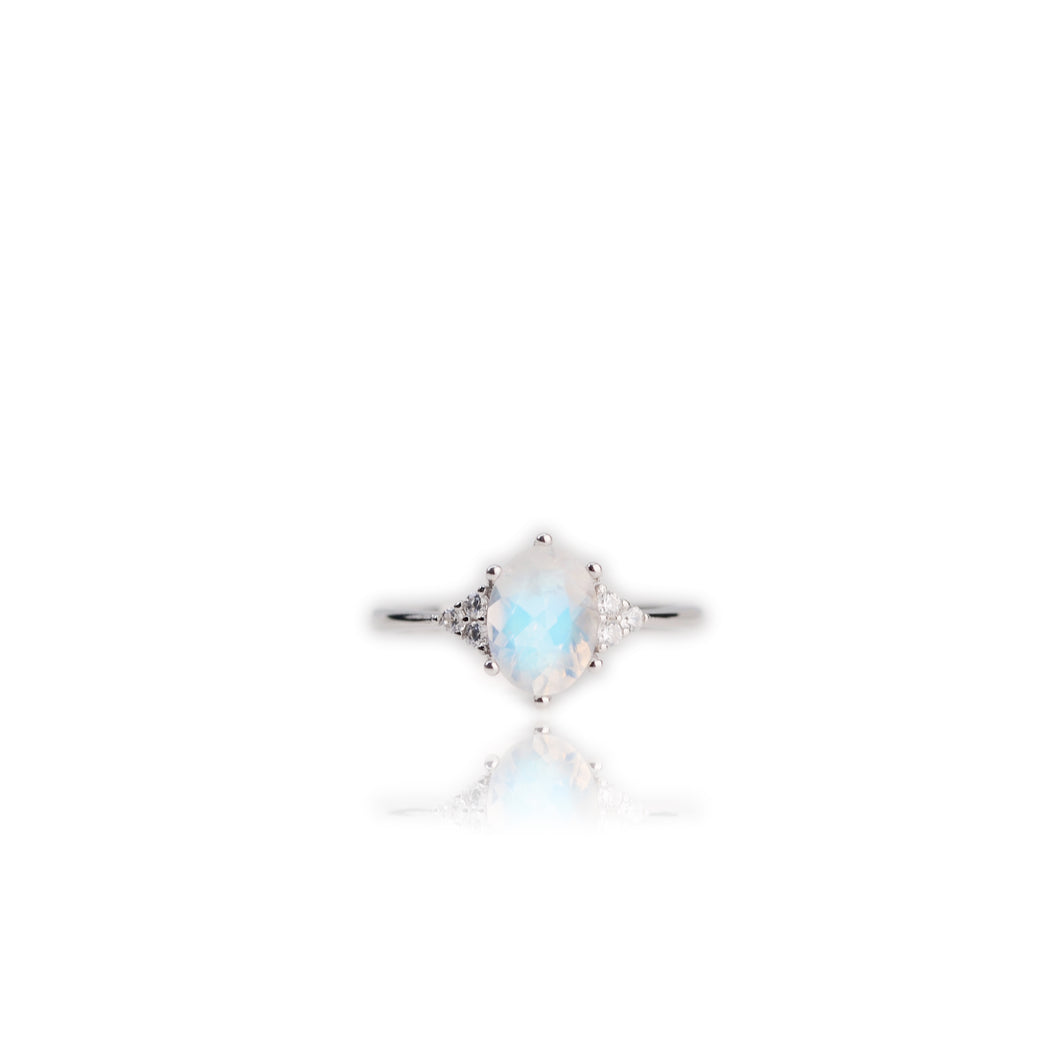 6 x 8 mm. Oval Cut White Indian Moonstone with Cz Accents Ring