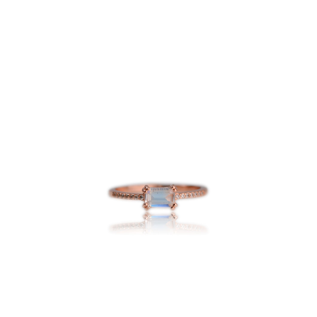 4 x 6 mm Octagon Cut White Indian Moonstone with Cz Band Ring