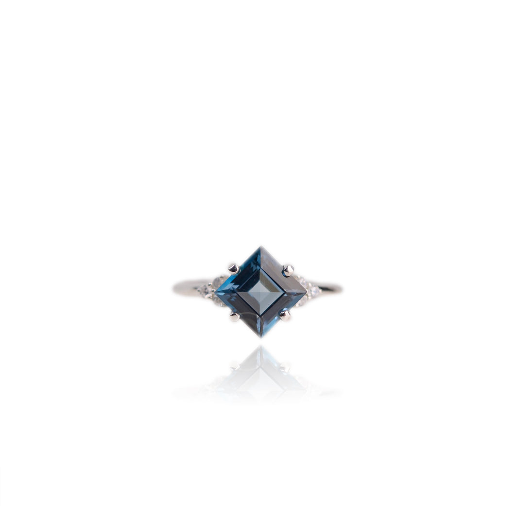 7 mm. Square Cut London Blue Brazilian Topaz with Cz Accents Ring