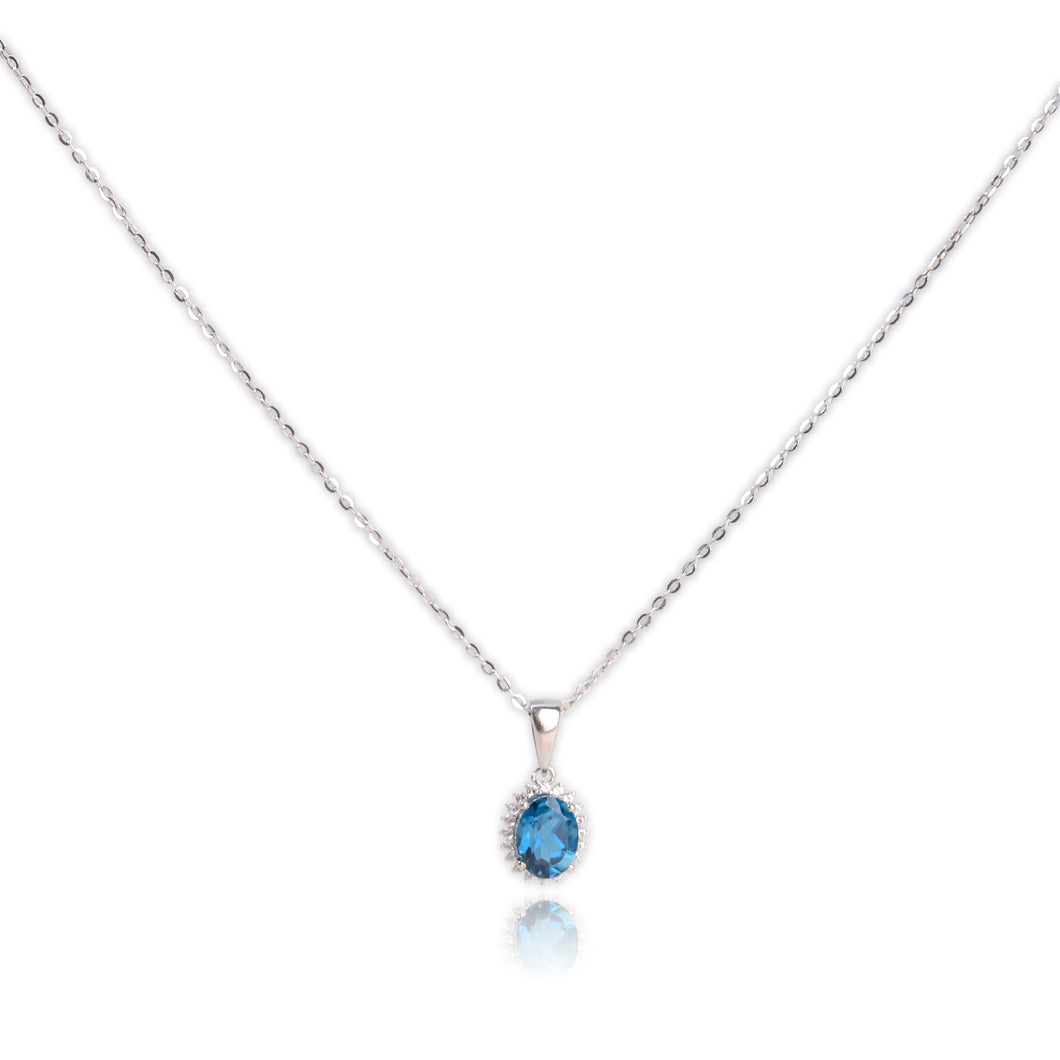 6 x 8 mm. Oval Cut London Blue Brazilian Topaz with Cz Accents Pendant and Necklace
