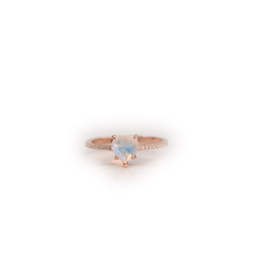 7 mm. Heart Cut White Indian Moonstone with Cz Band Ring