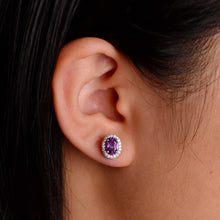 Load image into Gallery viewer, 5 x 7 mm. Oval Cut Purple Brazilian Amethyst with Cz Halo Earrings
