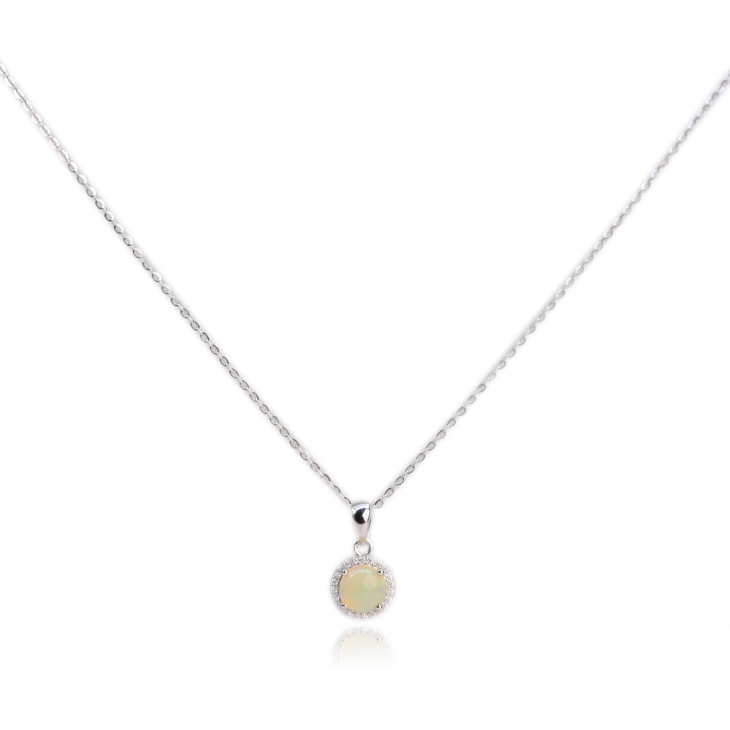 7 mm. Round Cabochon Multi-coloured Ethiopian Opal with Cz Halo Pendant and Necklace