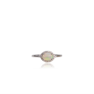 6 x 8 mm. Oval Cabochon Multi-coloured Ethiopian Opal with Cz Halo Ring