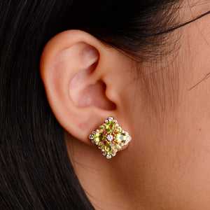 4 x 5 mm. Oval Cut Green Pakistani Peridot with Cz Accents Cluster Earrings