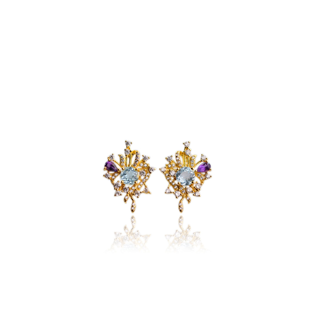 6 mm. Round Cut Sky Blue Brazilian Topaz and Amethyst with Cz Accents Earrings